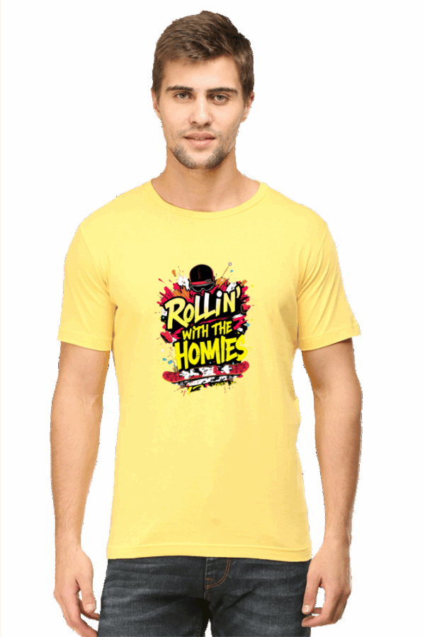 "Rolling with Homies" Skateboard & Color Splash Cotton T-Shirt - Image 3