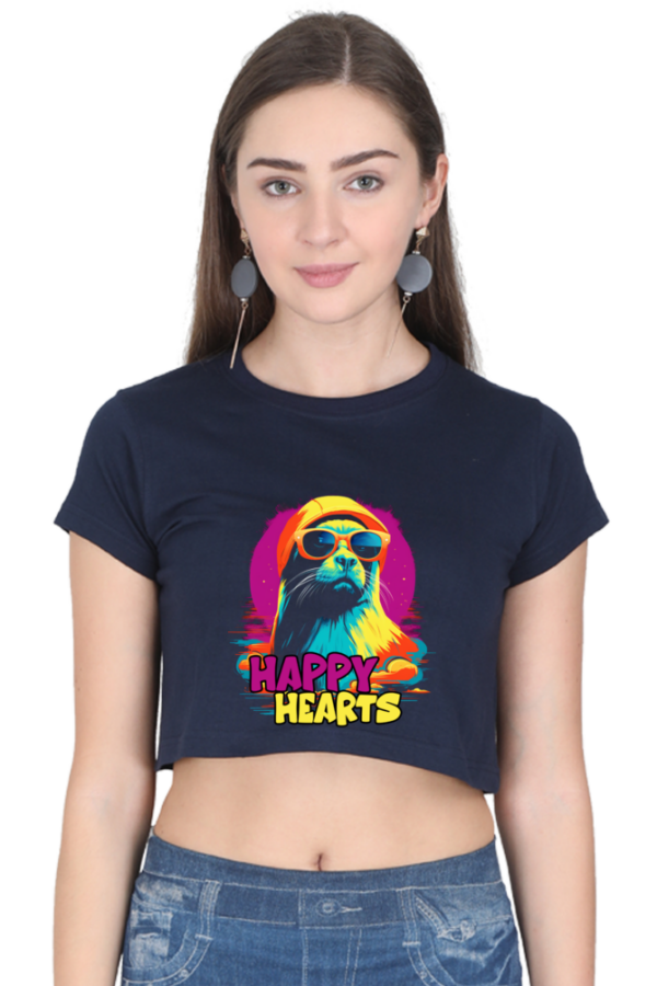 Women's Happy Hearts Crop Top | Cute Seal with Hat & Coolers Print - Image 3