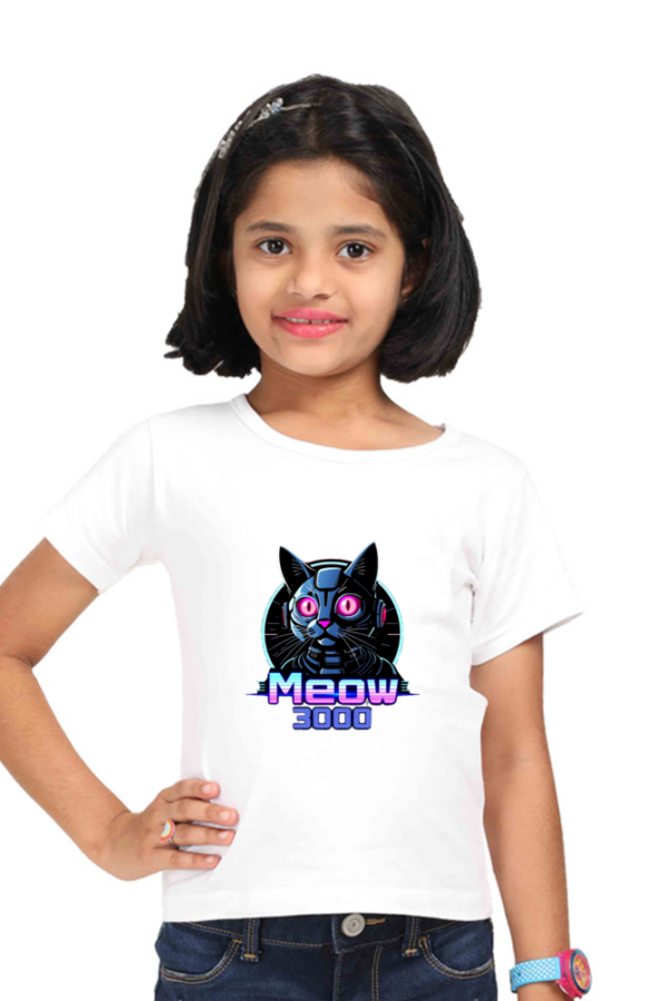 Girls' Classic "Meow 3000" Robotic Cat Cotton T-Shirt - Image 6