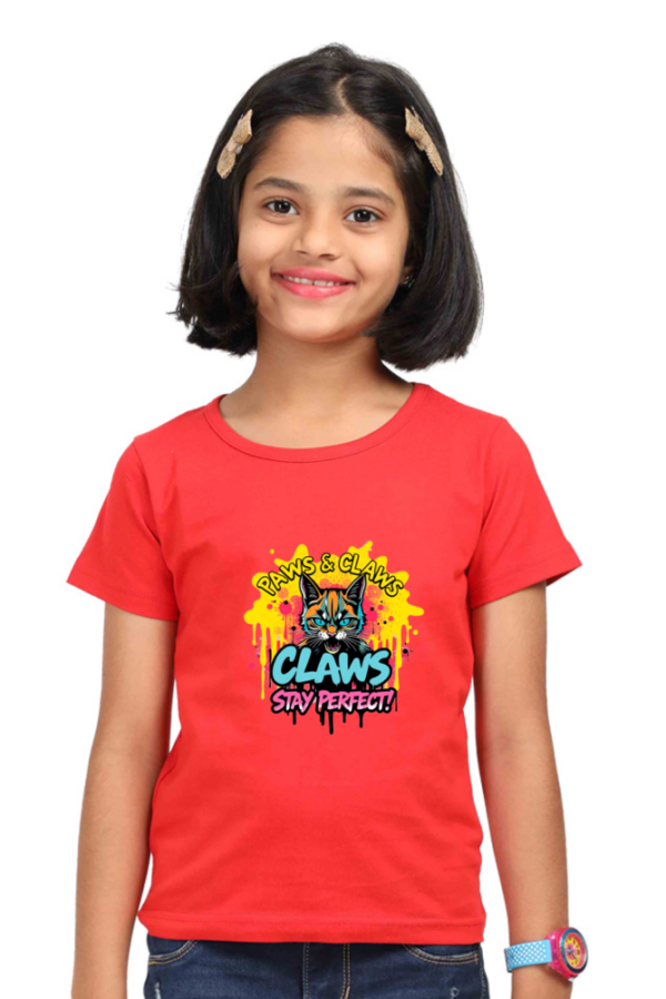 Girls' "Claws" Angry Cat Cotton T-Shirt - Image 2