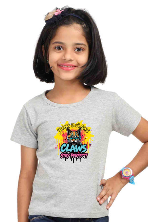 Girls' "Claws" Angry Cat Cotton T-Shirt - Image 3