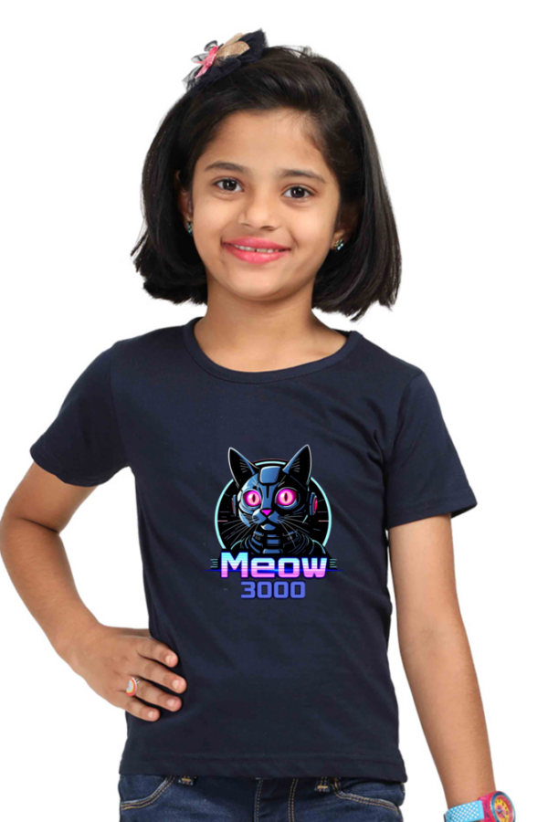 Girls' Classic "Meow 3000" Robotic Cat Cotton T-Shirt - Image 4