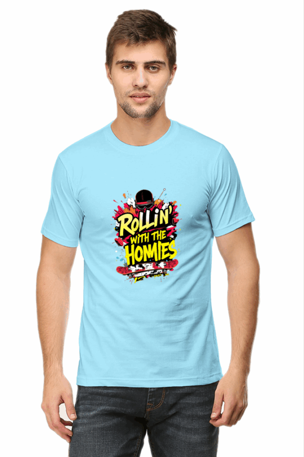 "Rolling with Homies" Skateboard & Color Splash Cotton T-Shirt