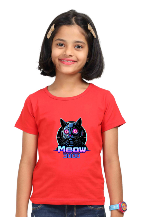 Girls' Classic "Meow 3000" Robotic Cat Cotton T-Shirt - Image 2